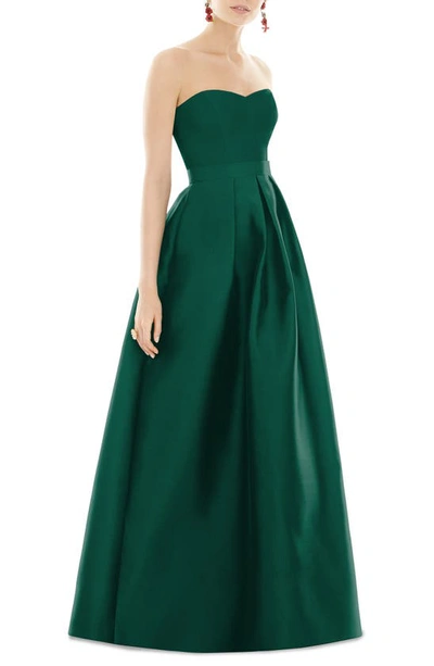 Alfred Sung Strapless Satin Twill A-line Gown In Hunter