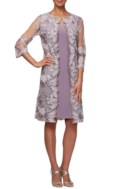 Alex Evenings Petite Layered-look Embroidered Jacket Dress In Smokey Orchid