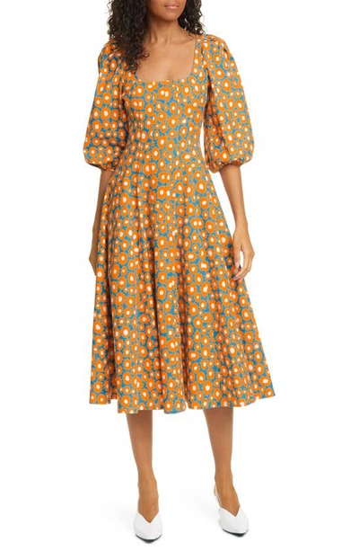 Staud Swells Daisy Print Stretch Linen Cotton Dress In Blue