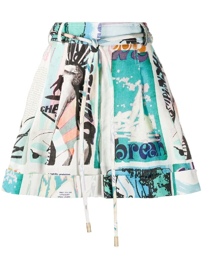 Zimmermann Glassy Belted Printed Linen Shorts In Blue
