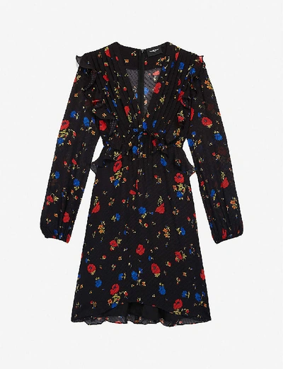 The Kooples Floral-print Peplum Silk Mini Dress In Bla01