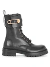 Versace Safety Pin Leather Combat Boots In Nero