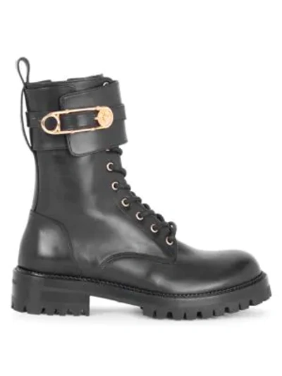 Versace Safety Pin Leather Combat Boots In Nero