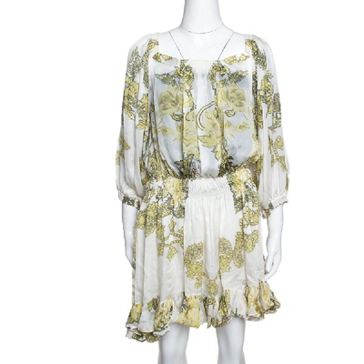 Pre-owned Roberto Cavalli White & Yellow Floral Print Silk Ruffled Dress L