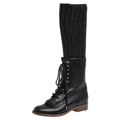 Pre-owned Chanel Black Leather And Knit Fabric Sock Combat Boots Size 38