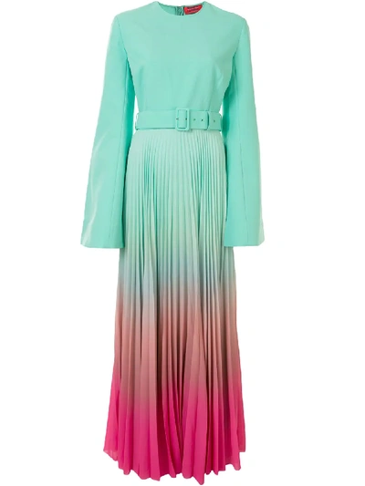 Solace London Bell-sleeved Belted Ombré Dress In Green