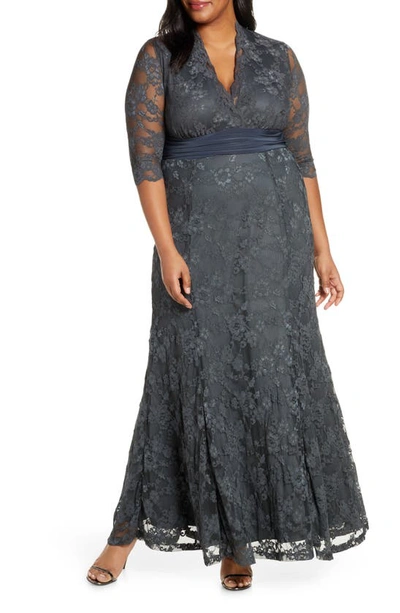 Kiyonna Women's Plus Size Screen Siren Lace Evening Gown In Twilight Grey