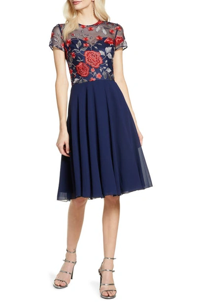 Chi Chi London Meryn Embroidered Chiffon Cocktail Dress In Navy