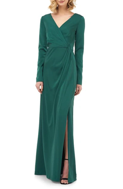 Kay Unger Adelina Long Sleeve Evening Gown In Emerald