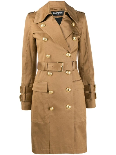 Balmain Double-breasted Trench Coat In Brown