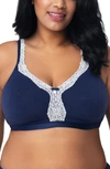 Curvy Couture Lace Trim Wireless Bra In Navy