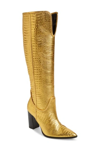 Cecelia New York Reckon Croc Embossed Knee High Boot In Gold Leather