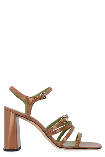 By Far Goldie Patent Leather Sandals With Heel In Camel