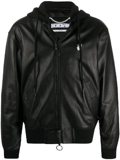 Off-white Logo-print Leather Bomber Jacket In Black