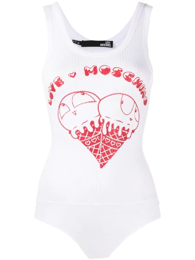 Love Moschino Ribbed Printed Sleeveless Bodysuit In White