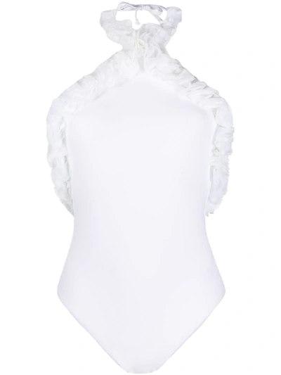 La Reveche Ruffled Backless Swimsuit In White