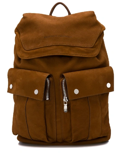 Brunello Cucinelli Zipped Pocket Backpack In Brown