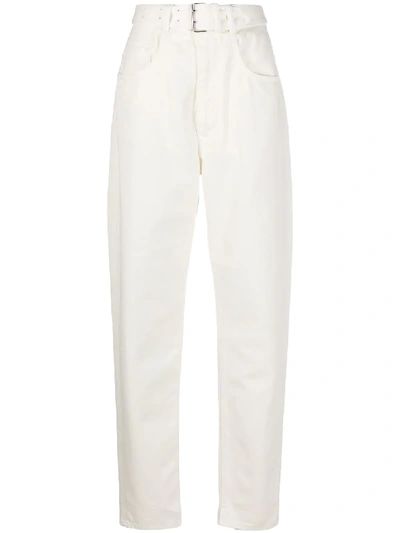 Maison Margiela High Waist Belted Cotton Denim Jeans In Ivory