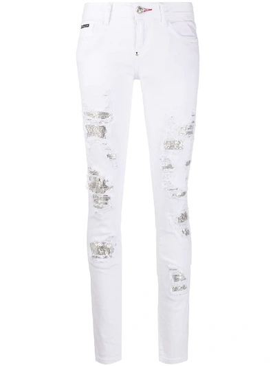 Philipp Plein Crystal-embellished Distressed Jeans In White