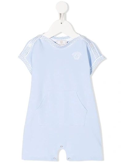 Young Versace Babies' Logo-trimmed Kangaroo-pocket Romper In Blue