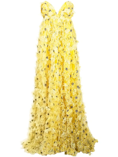 Carolina Herrera Floral Embroidered Strapless Gown In Yellow