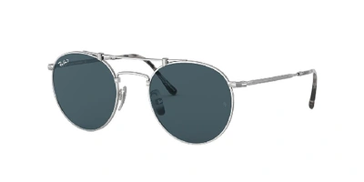 Ray Ban Round Double Bridge Titanium Sunglasses Silver Frame Blue Lenses Polarized 50-21 In Blau