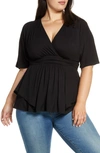 Kiyonna Promenade Layered Short Sleeve Top In Black Noir