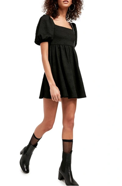 Free People Violet Puff-sleeve Babydoll Mini Dress In Black