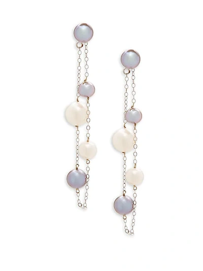 Belpearl Women's 6.5-9mm White & Gray Semi-round Freshwater Pearl And 14k White Gold Dangle Earrings In Grey