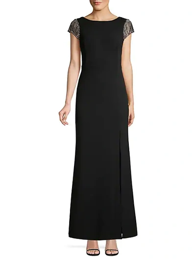 Adrianna Papell Embellished Sleeve & Back Trumpet Gown In Black
