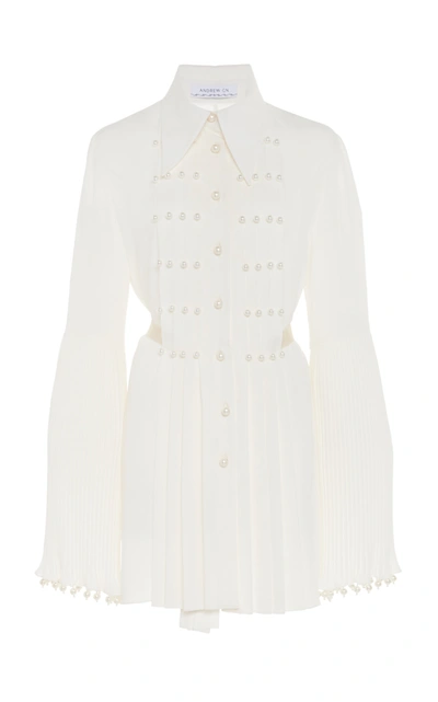 Andrew Gn Women's Pearl-embellished Pleated Silk Top In White