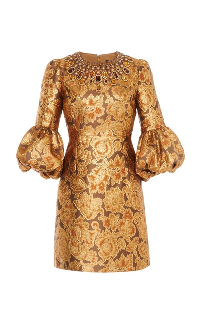Andrew Gn Crystal-embellished Floral Brocade Mini Dress In Gold