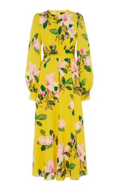 Andrew Gn Floral-print Silk Crepe De Chine Midi Dress In Pastel Yellow
