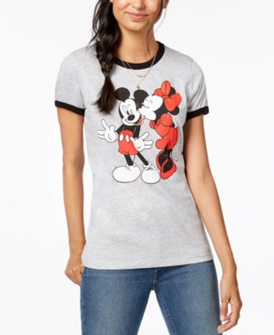 Disney Juniors' Mickey & Minnie Graphic-print T-shirt In Heather Grey