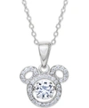 Disney Cubic Zirconia Mickey Mouse 15"+2" Extender Pendant Necklace In Sterling Silver In Silver