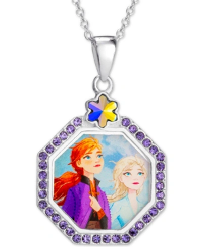 Disney Kids' Children's Crystal Frozen Elsa & Anna Pendant Necklace In Sterling Silver, 16" + 2" Extender In Purple