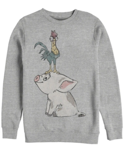 Disney Men's Moana Hei Hei On Top Of Pigs Head, Crewneck Fleece In Heathr Gry