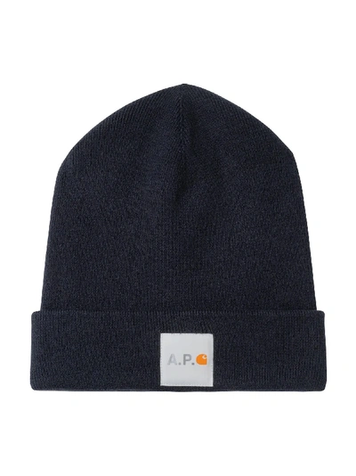 Apc Carhartt Wip Logo-appliquéd Cotton And Cashmere-blend Beanie In Blue