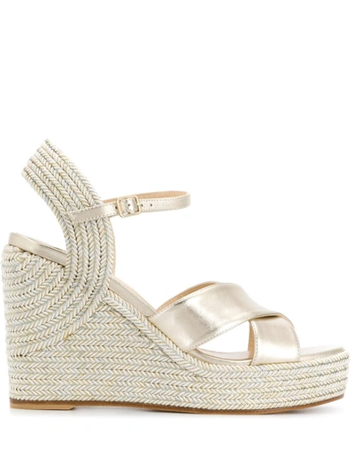 Jimmy Choo Dellena 100 Metallic Leather Espadrille Wedge Sandals In Gold