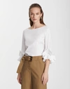 Lafayette 148 Whitby Italian Stretch Cotton Ruffle-sleeve Blouse In White