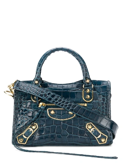 Balenciaga Mini City Croc-effect Shoulder Bag In Blue ModeSens