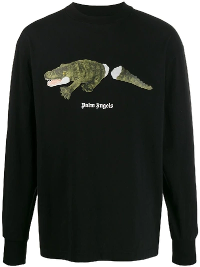 Palm Angels Crocodile Print Long-sleeved T-shirt In Black