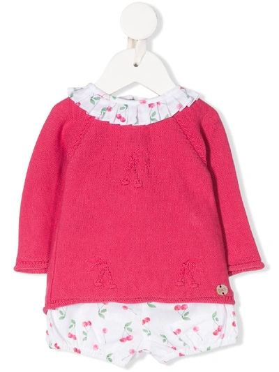 Paz Rodriguez Babies' Knitted Cherry Print Two-piece Set In White