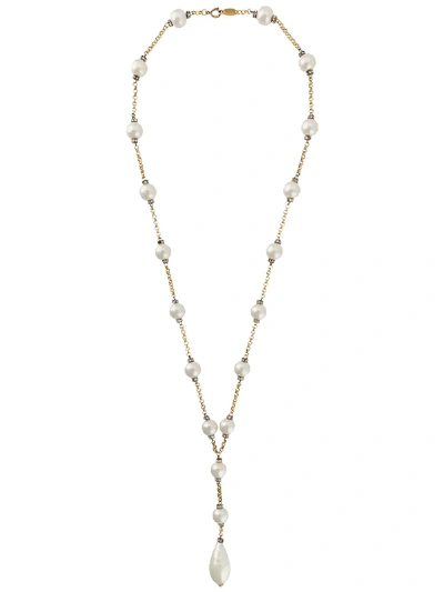 Pre-owned Chanel Rhinestone-embellished Drop Pearl Necklace In Gold