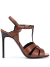 Saint Laurent Brown Leather Tribute 105 Heeled Sandals In Tan