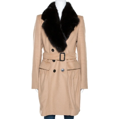 Pre-owned Burberry Beige Cashmere And Fox Fur Lined Belted Coat M