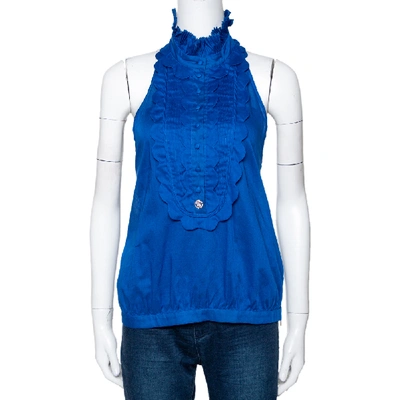 Pre-owned Roberto Cavalli Blue Cotton Open Back Ruffled Halter Top L
