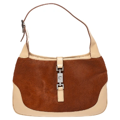 Pre-owned Gucci Tan/beige Calfhair And Leather Jackie O Hobo