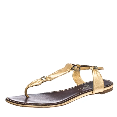 Pre-owned Chanel Metallic Gold Leather Thong Flat Sandals Size 38.5