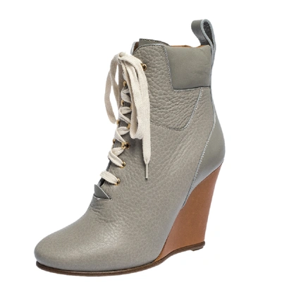 Pre-owned Chloé Grey Leather Lace Up Wedge Ankle Boots Size 37.5
